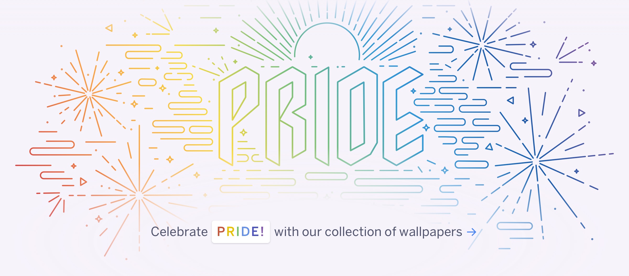 Fireworks and rainbow colors with the message, 'Celebrate pride with our collection of wallpapers'