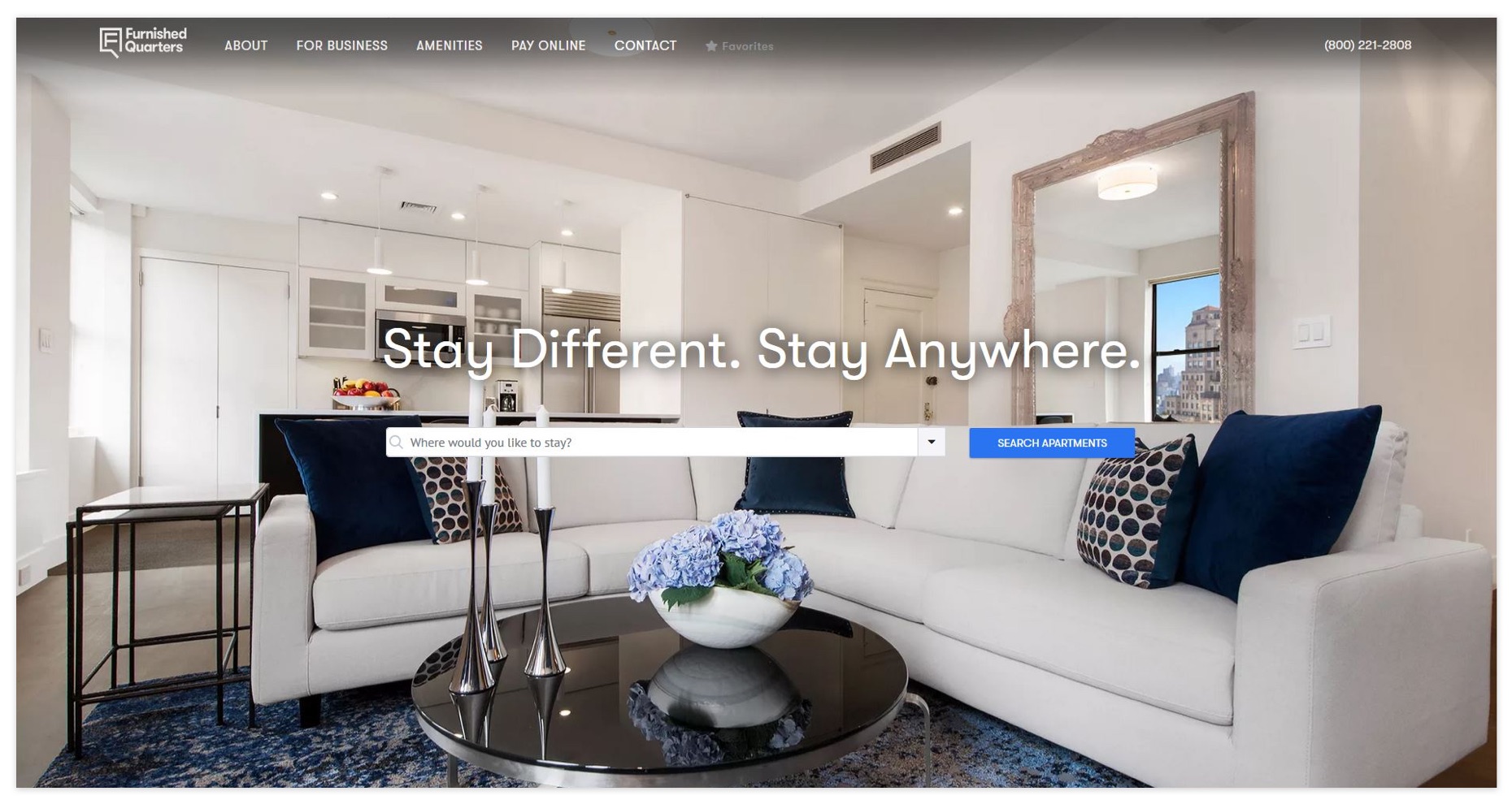 A screenshot of the Furnished Quarters homepage