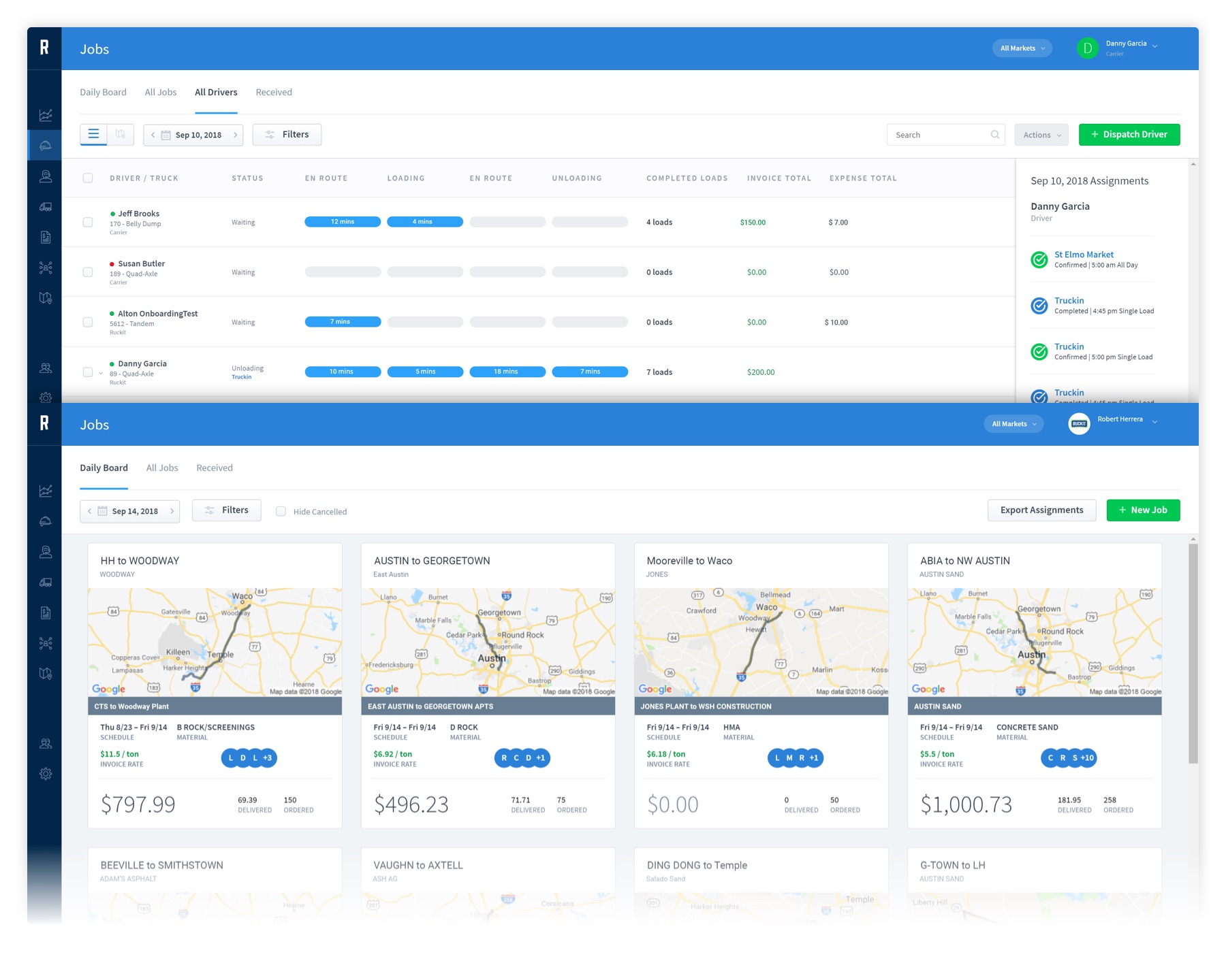 Two dashboards of the Ruckit dashboards, showing mapping and driver status