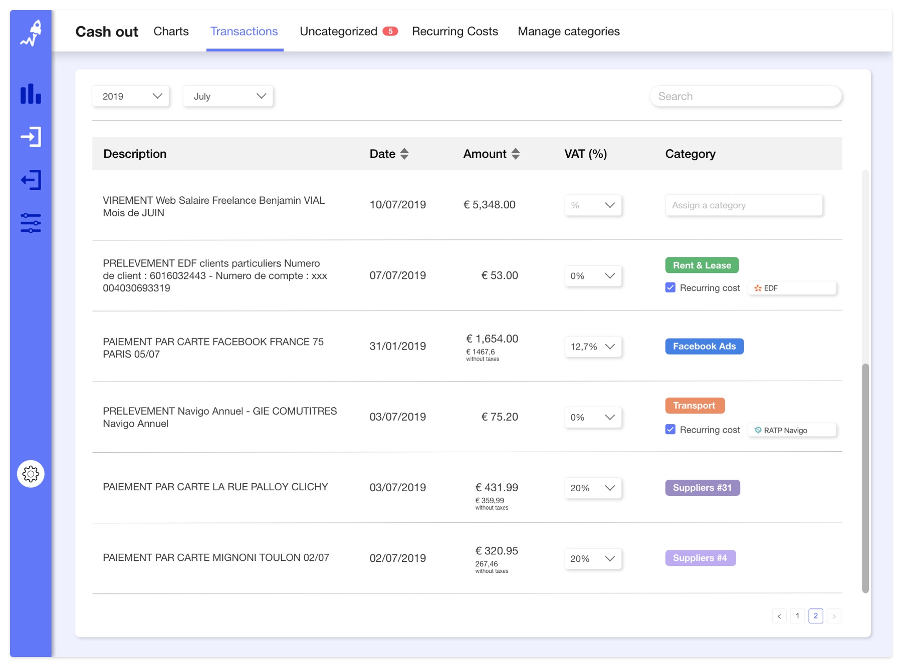 A screengrab of the RocketChart transactional view