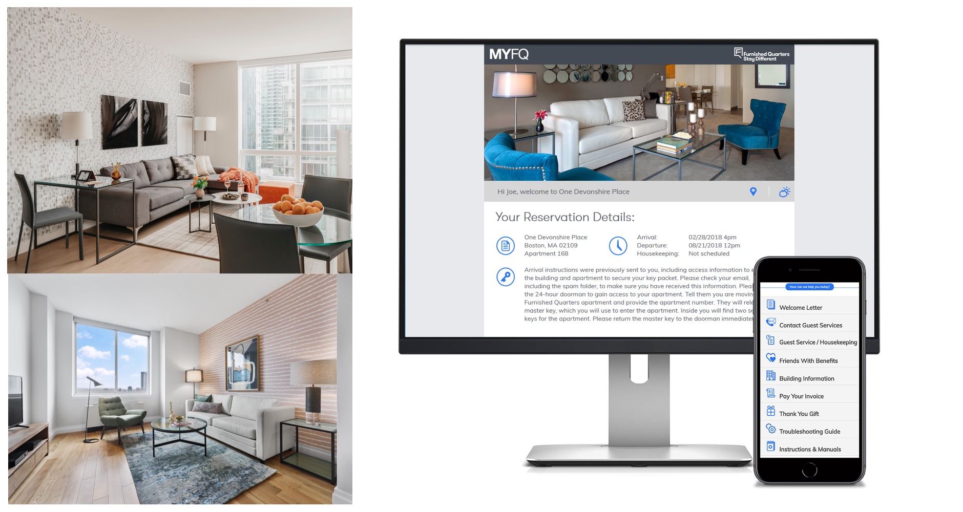 A screenshot of reservation details and a mobile phone showing the Furnished Quarters app